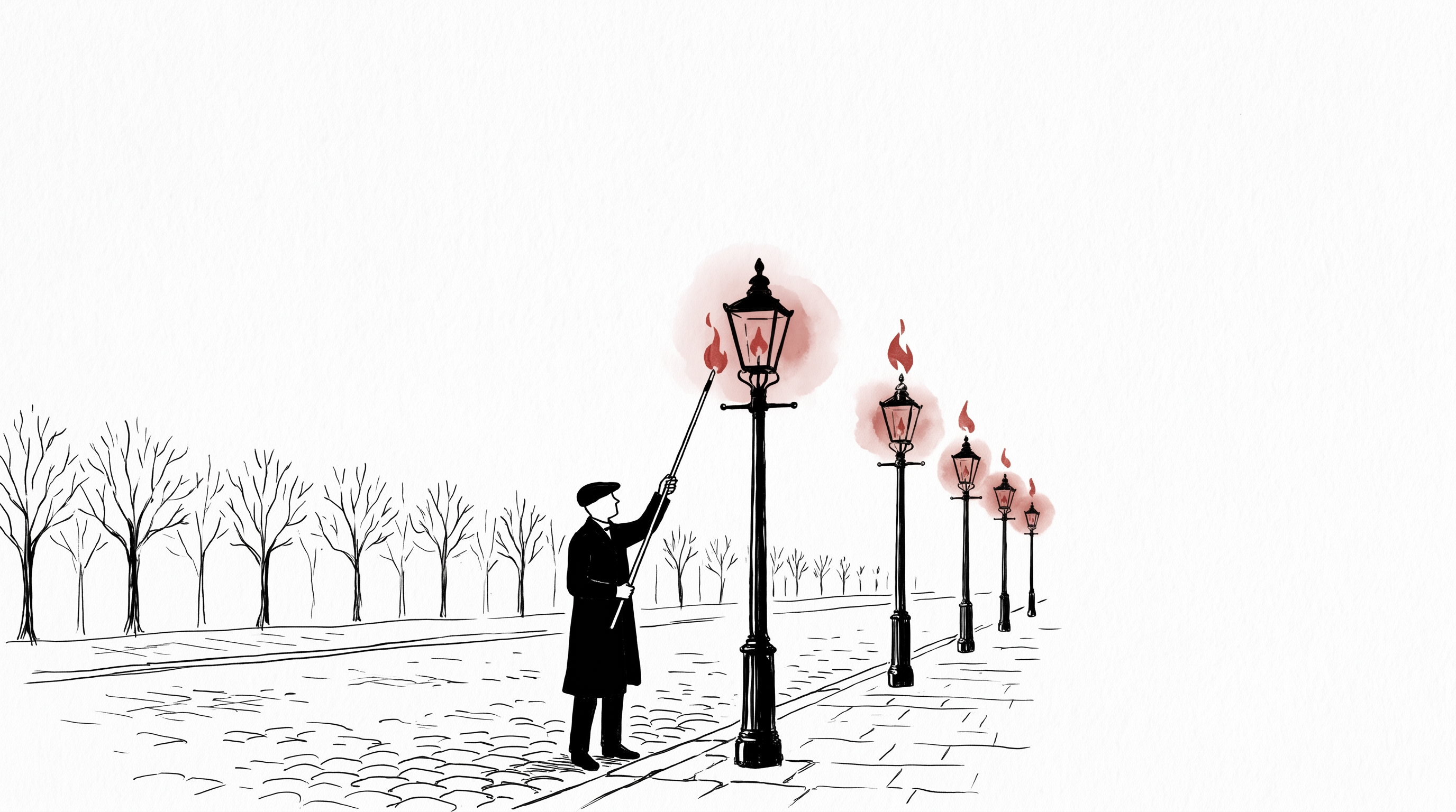 Line-art illustration of a lamplighter lighting a street lamp, with a row of lit lamps glowing behind him
